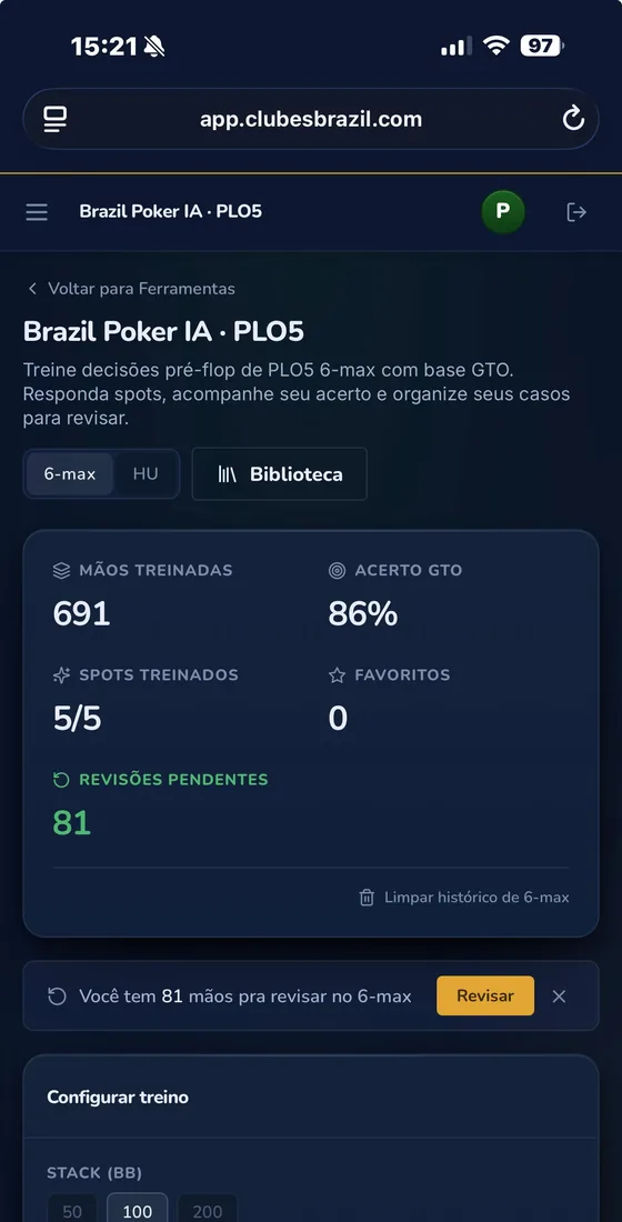 Painel do Trainer com mãos treinadas e acerto GTO